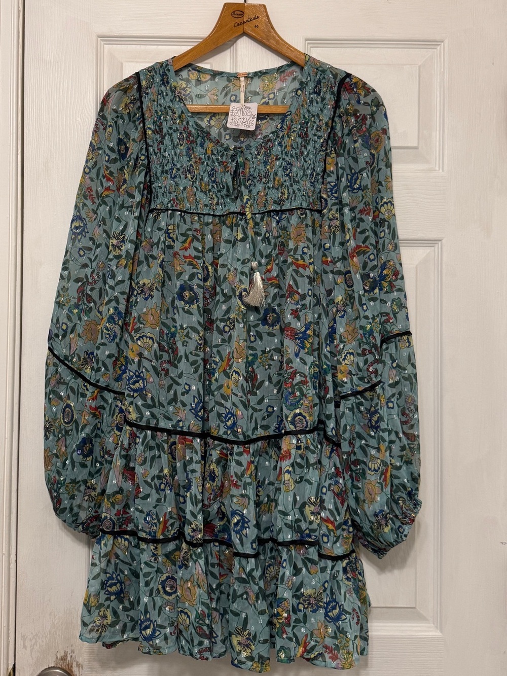 NWT Free People Floral Tiered Ruffled Swing Tunic Top Mini Dress Turquoise L - Picture 4 of 8